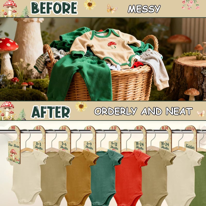 CORNER LACE Baby Closet Dividers 8PCS, Mushrooms Themed Wooden Double-Sided Clothes Size Hanger/Organizer from Newborn to Toddler for Nursery Decor Baby Shower Birthday Gender Reveal Party Gift - Image 3
